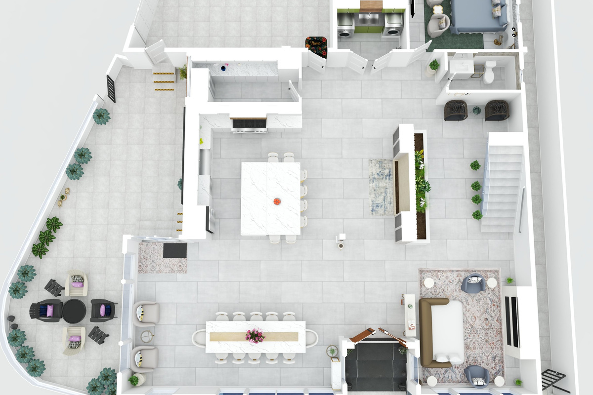 The first floor has the kitchen and pantry, dining area, living room, garden seating area, garage (can fit a full size vehicle), half bath, Cal King bedroom with ensuite bathroom, and outdoor firepit area.