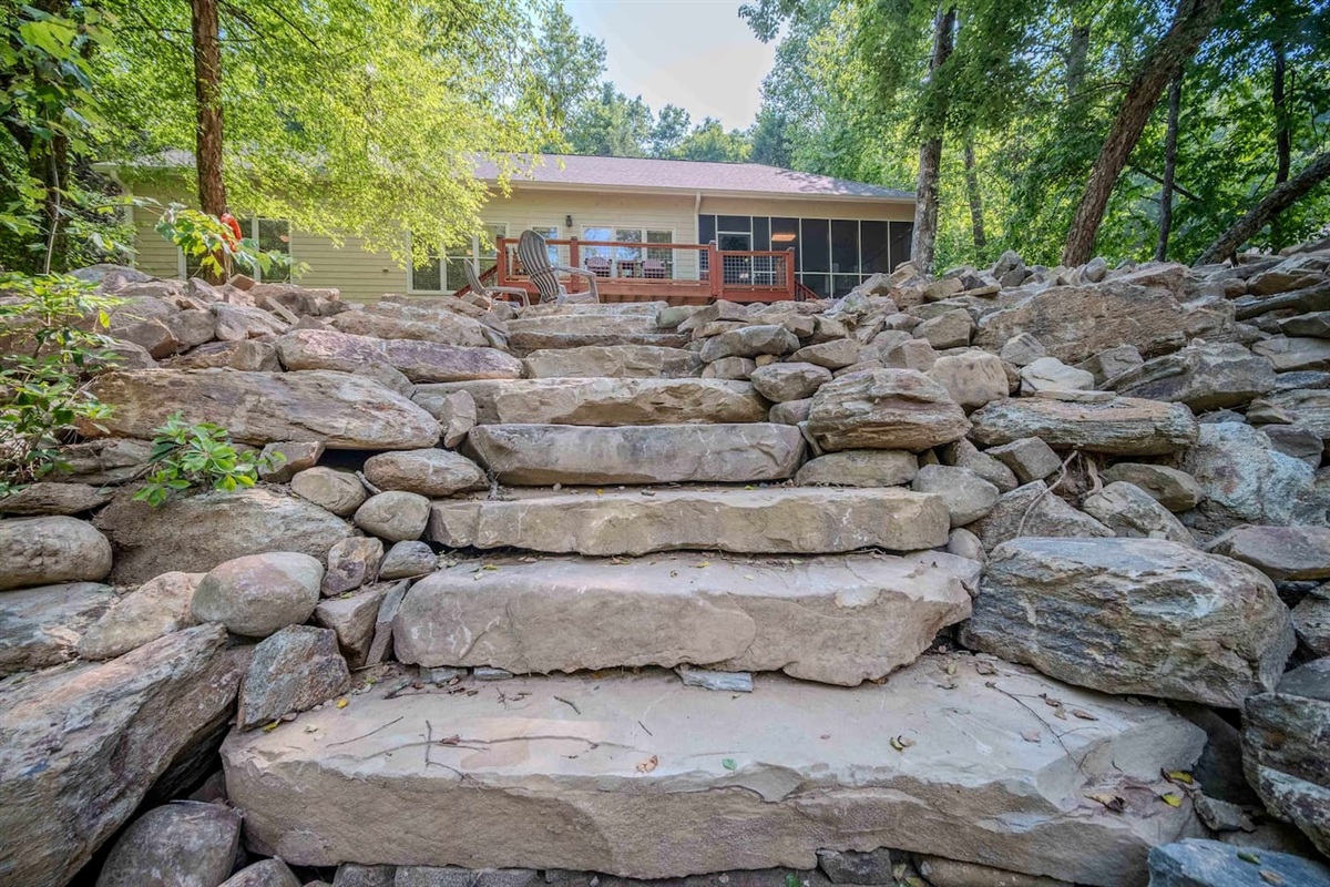 Rock steps leading into the Cartecay River