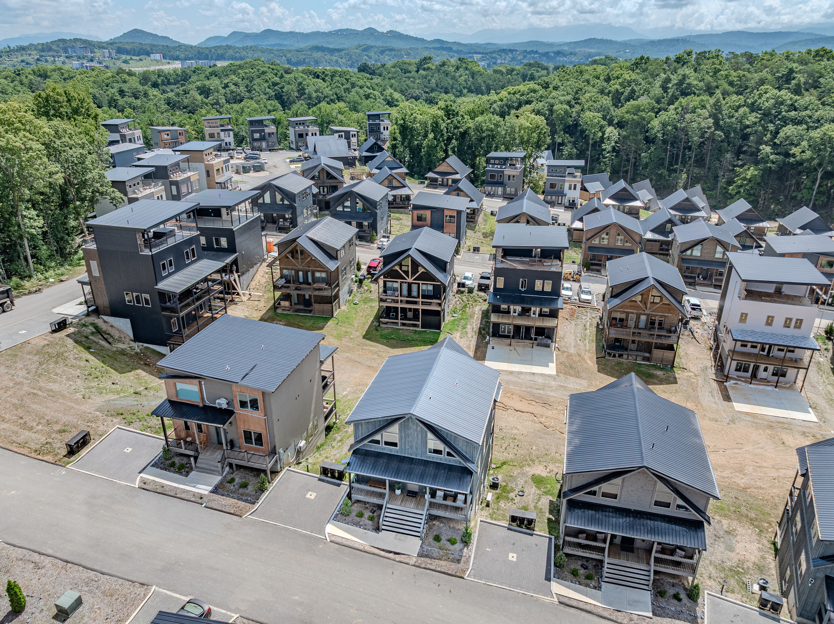 Aerial overview of the neighborhood layout and nearby cabins.