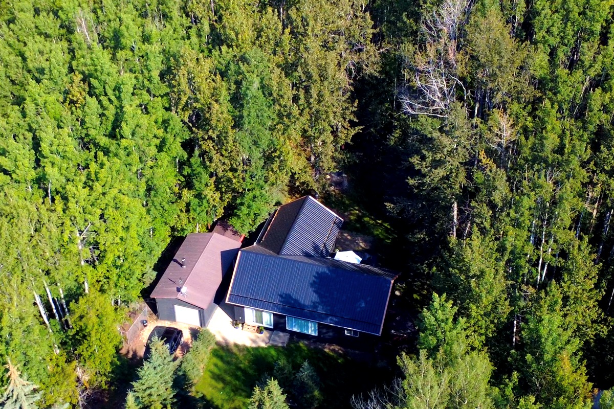 Aerial view of Aspen Acre cabin nestled privately among the trees near Pigeon Lake