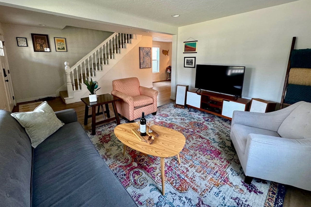 Cozy living room with board games and comfortable seating