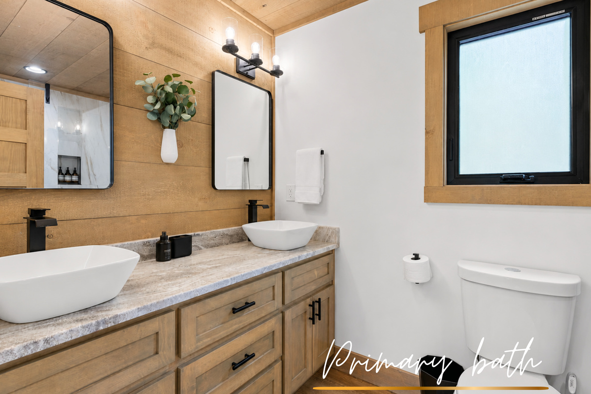 Sleek, serene, and functional. This double vanity is both pretty and practical.