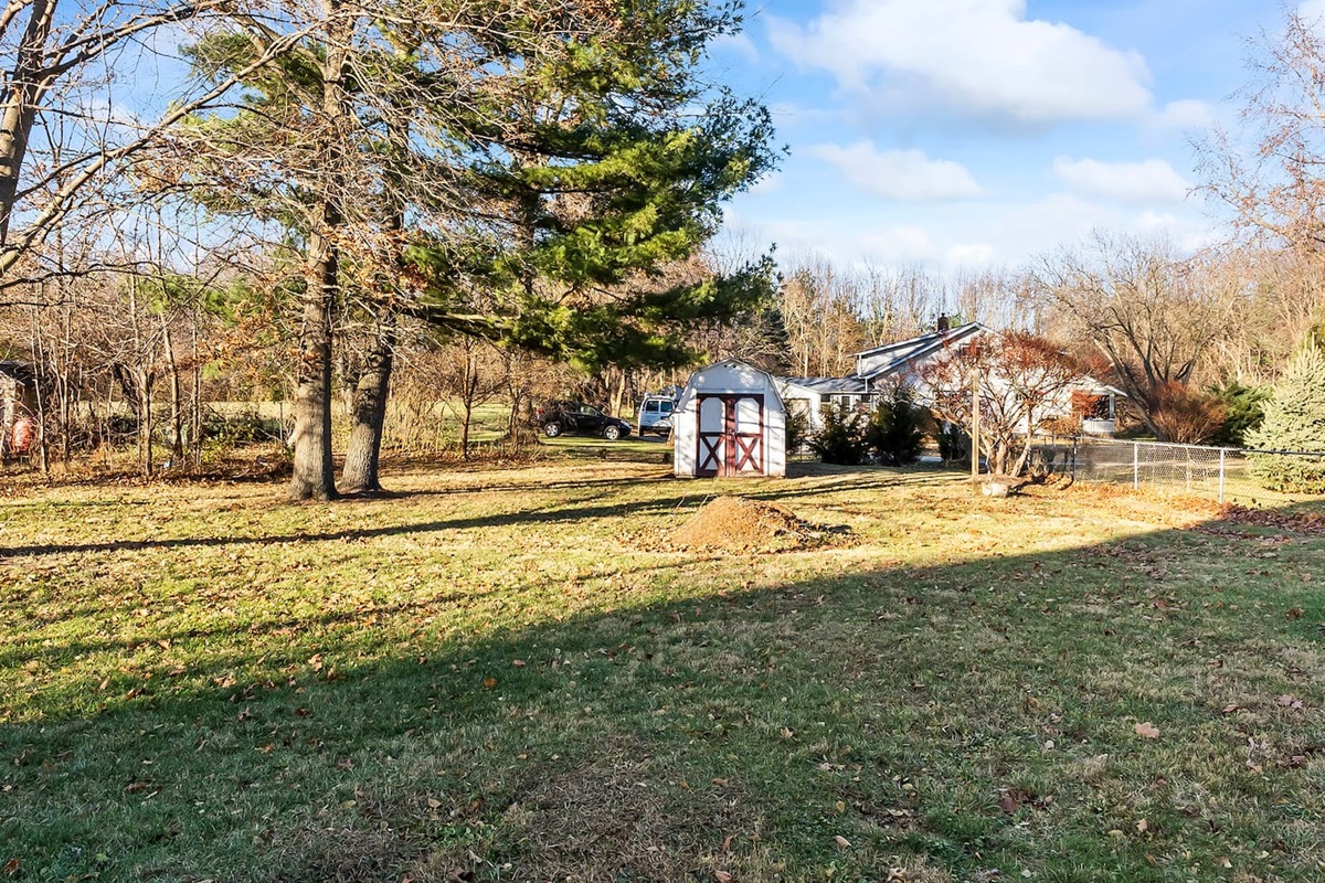 Backyard view featuring a storage shed and plenty of green space.