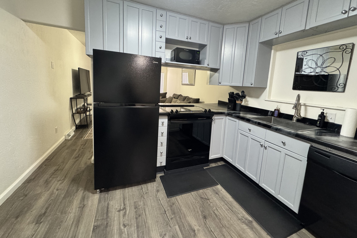 Kitchen with updated appliances. 