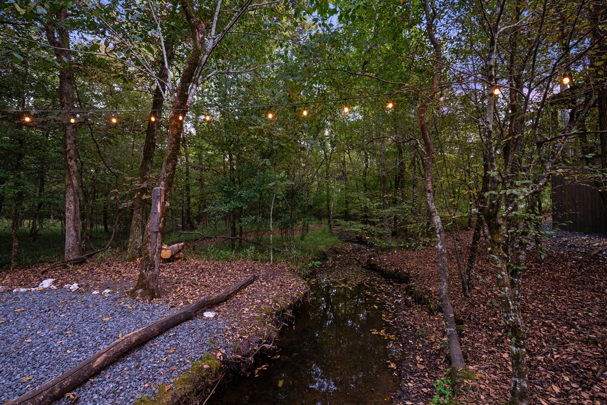 A peaceful wooded path nearby invites guests to take a quiet stroll by the creek and enjoy the natural beauty around the cabin.