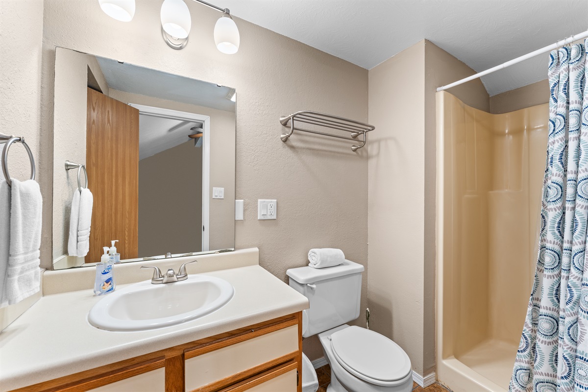 The upstairs bath adds convenience for guests sleeping in the loft.