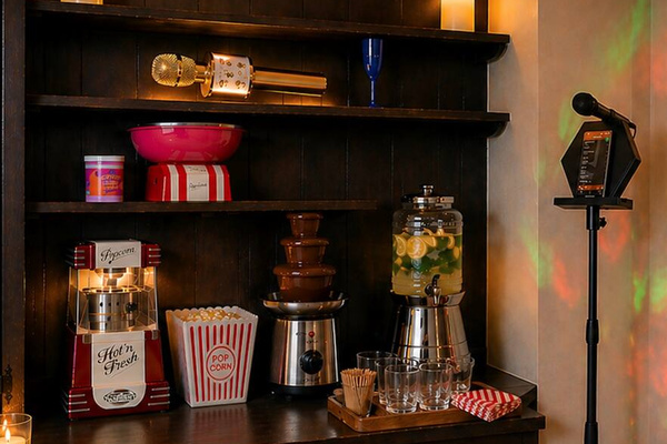 Warm, inviting snack bar meets entertainment hub. Enjoy fresh popcorn, cotton candy, and a chocolate fountain, alongside a refreshing beverage station. Soft candlelight and ambient lighting create a cozy vibe, while a karaoke stand adds a fun, intera