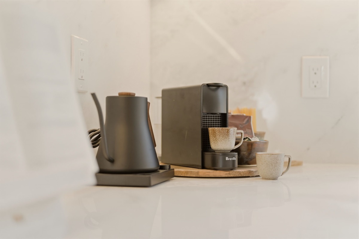 For tea lovers, slow rituals matter too. An electric kettle, curated tea selection, and peaceful mornings invite you to linger a little longer. (Honey and premium hot cocoa provided also. )