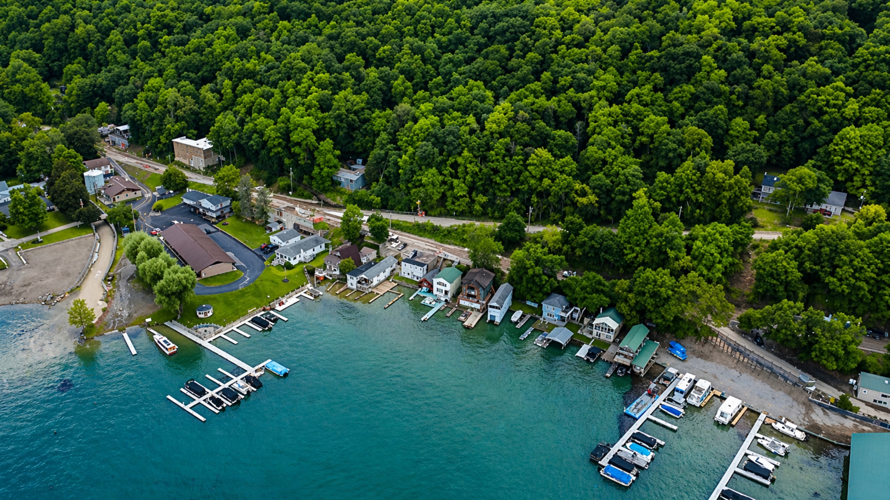 Aerial view of lakeside homes, docks, and lush greenery, offering peaceful water access. 🌊🏡🚤