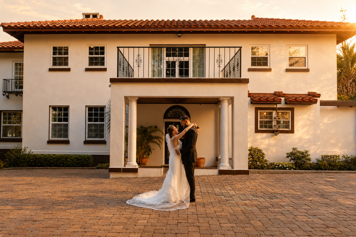 Celebrate your wedding in front of this historic estate with sunset views and timeless elegance.