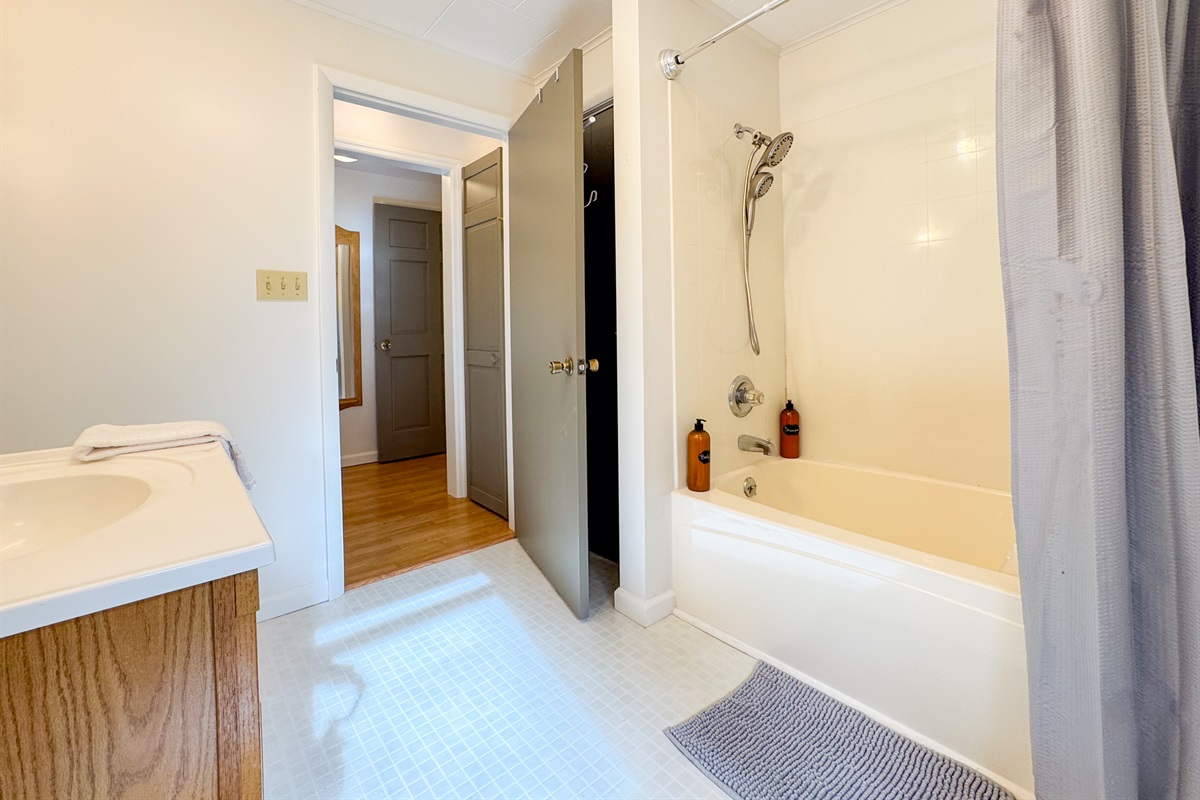 The guest bathroom in the center of the house features a tub/shower combo, toilet, vanity, and our supplied paya organics body wash and shower gel.