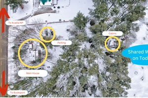 Site Map showing the house, parking area, cabins and the waterfront
