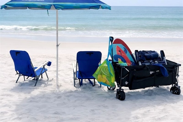 Wagon and beach supplies provided in the deck box located in the parking stall.