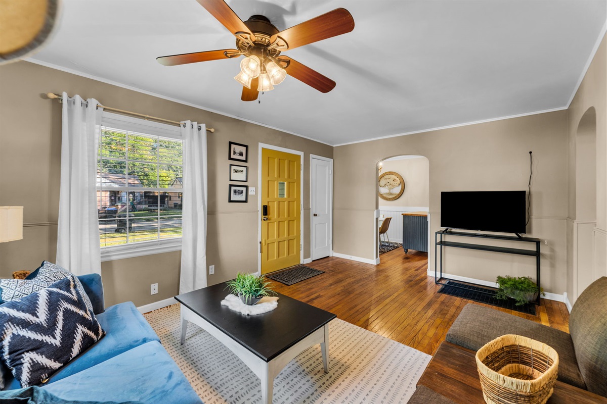 Another view of our living room featuring a 43" 4K Roku Smart TV