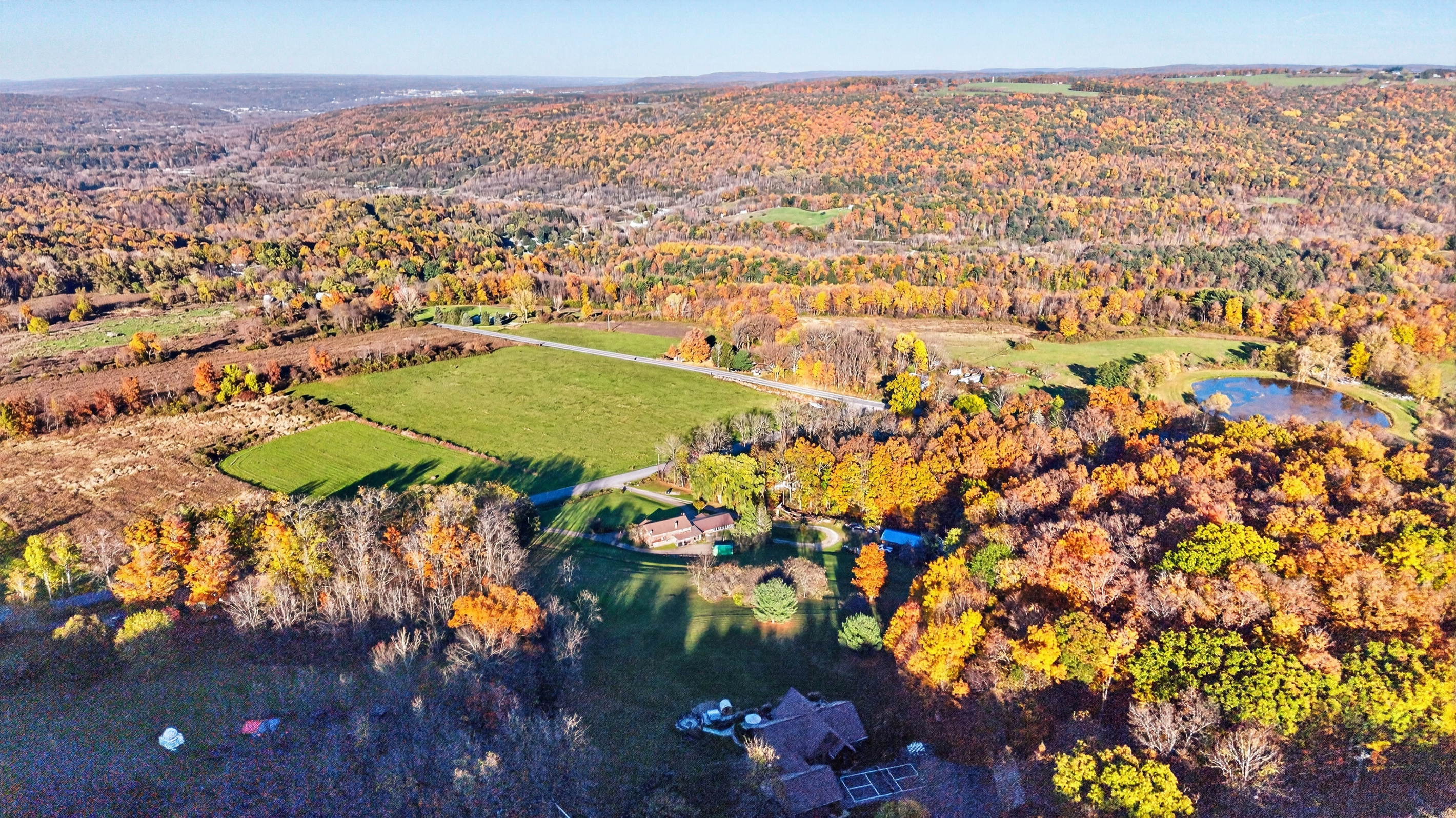 Panoramic landscape with fields and autumn foliage