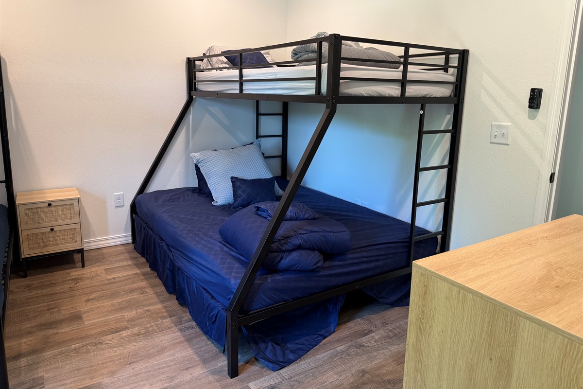 One of two bunk beds in second bedroom. Comfy mattresses on a heavy duty bunk frame