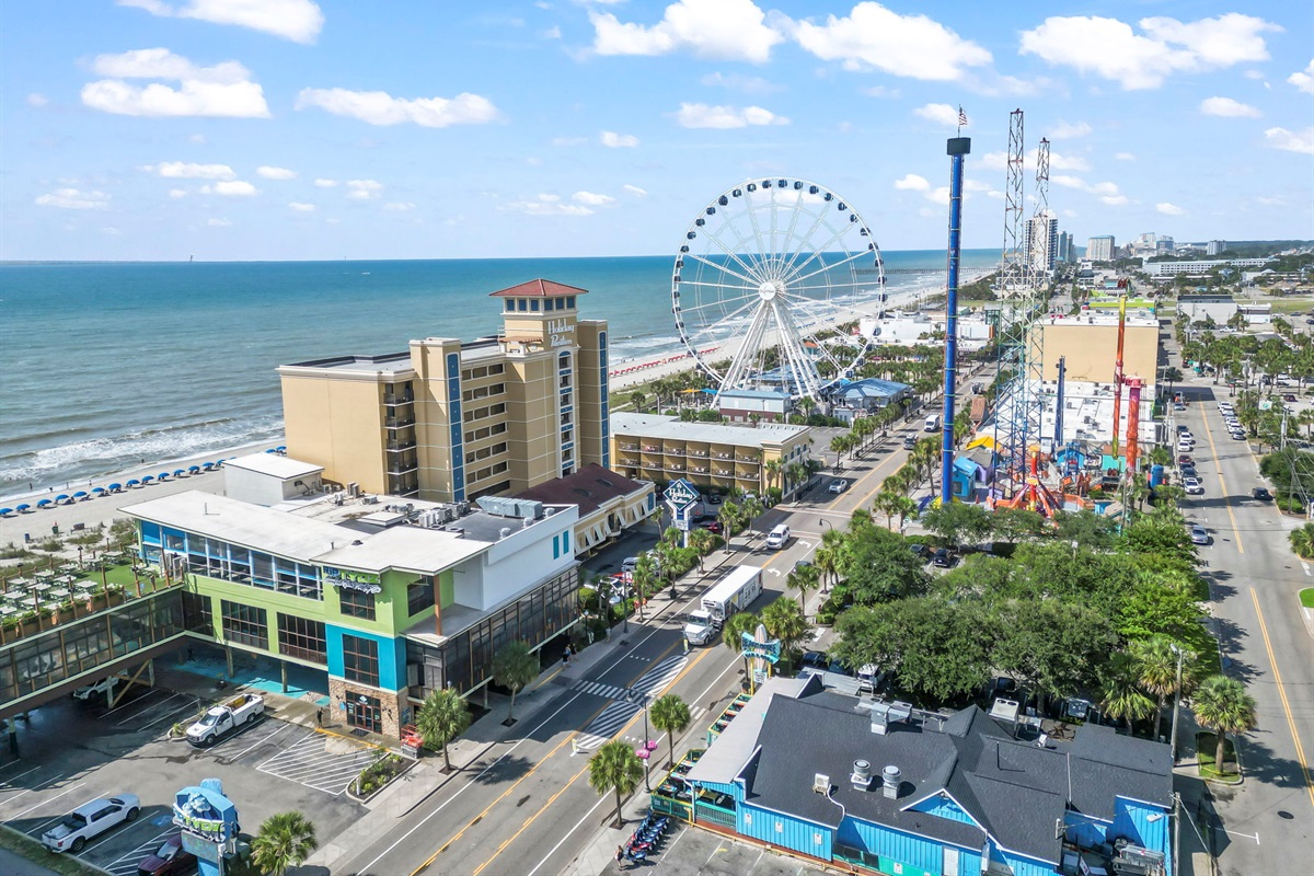 Right next to the Skywheel and Boardwalk. Located in the heart of Myrtle Beach, access everything you need right at your doorstep.
