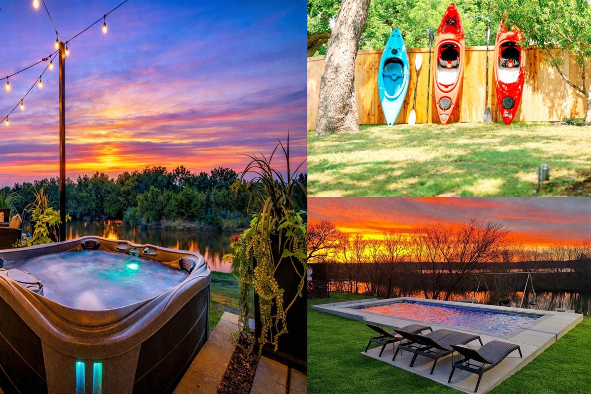Hot tub at sunset. Kayaks by day. Poolside all weekend.