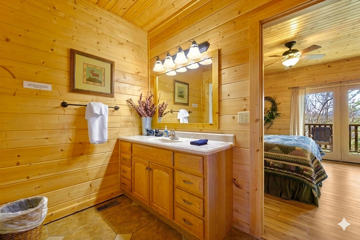 Bathroom #3 – Wake up and wander into this inviting bathroom, where morning light and rustic charm set a peaceful tone for the day ahead.
