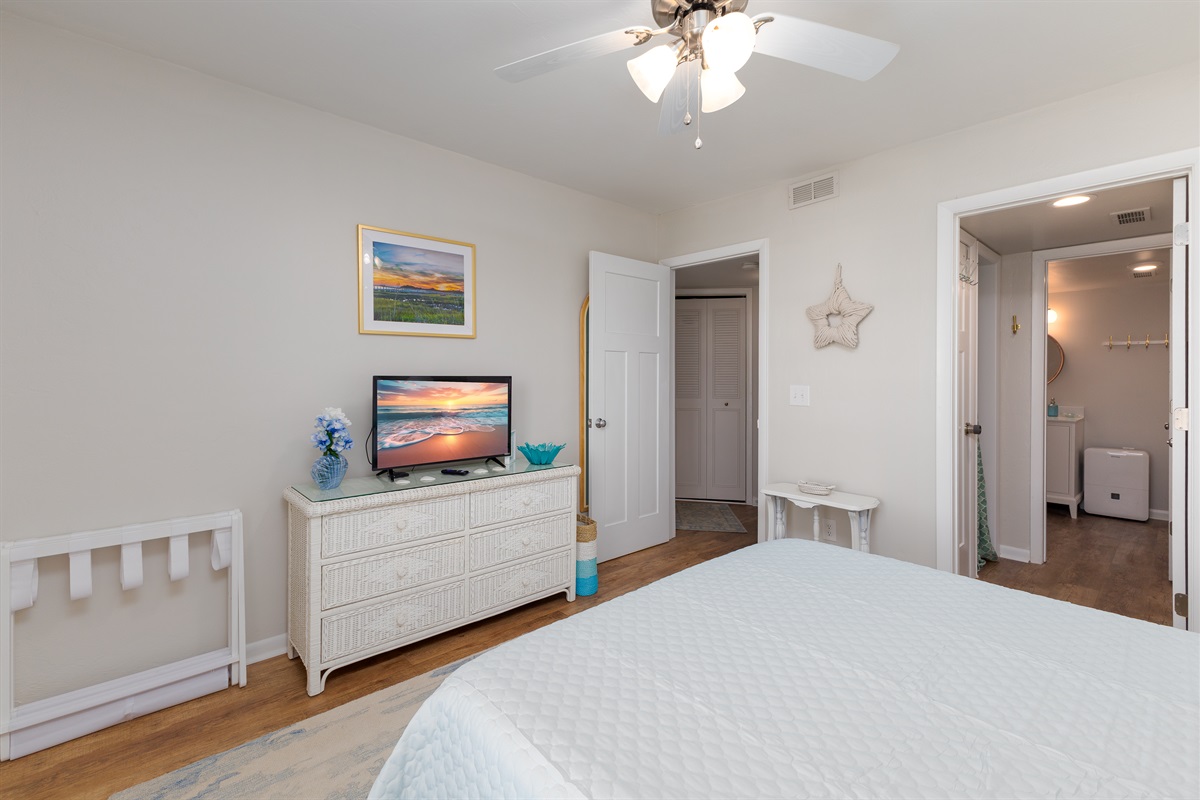 Master bedroom with TV, dresser, and relaxing atmosphere