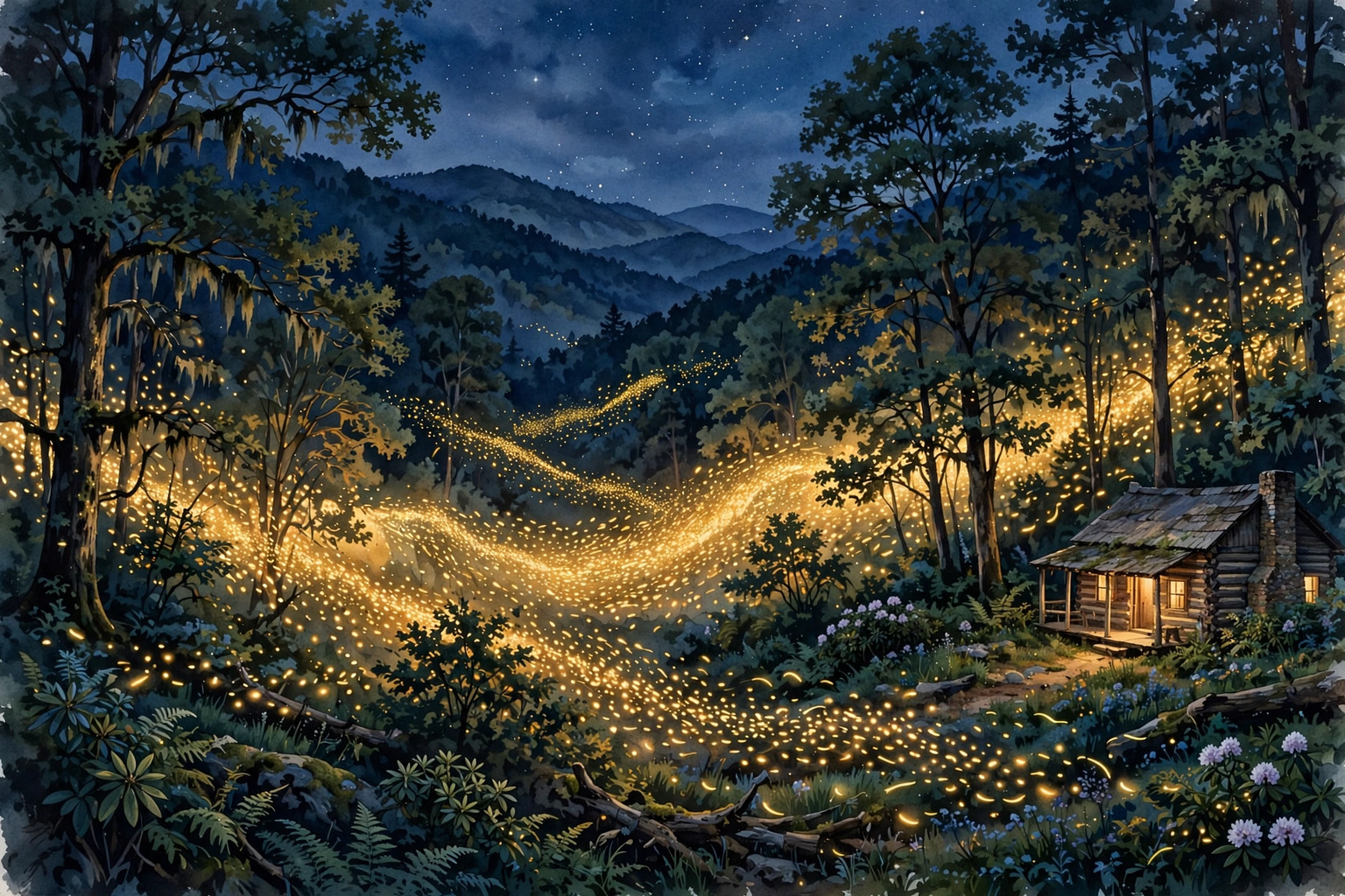 Illustration of synchronous fireflies flashing over the Elkmont forest at night