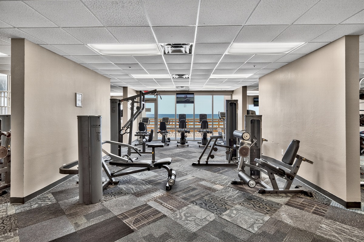 Large, well appointed fitness center (treadmills, stationary bikes, ellipticals, weight machines, and free weights) at Tidewater with Gulf views!