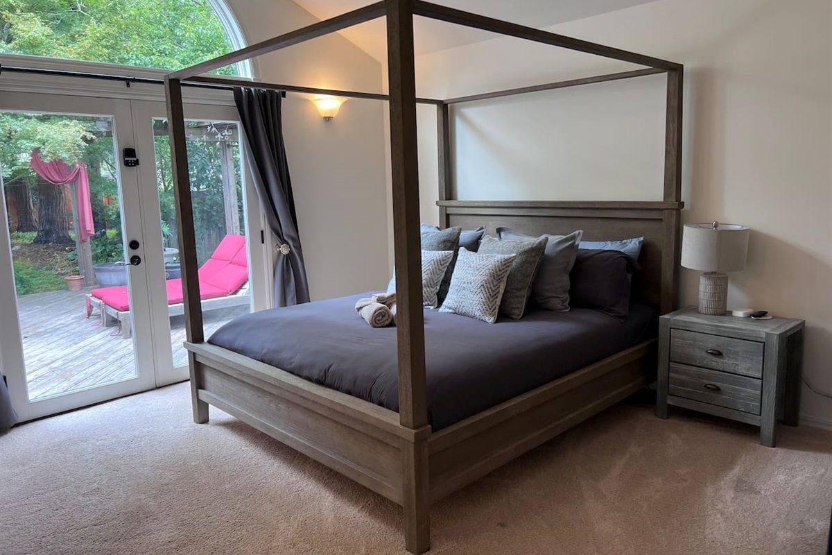 California King Bed, 55" 4K TV, private deck.