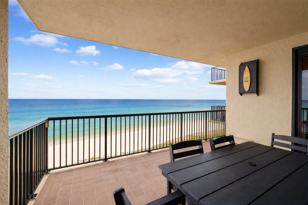 Living room will have leather sleeper sofa, 4 recliners, wall mounted tv, new ceiling fan with light kit, room darkening blackout curtains, an amazing Gulf view and balcony access