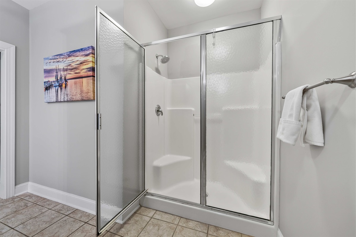 Bathroom 1: Primary Ensuite Bath  | Morning Sunrise | 302 Oceanview | 1116 Ocean Blvd, Isle of Palms, SC | IOP Escapes