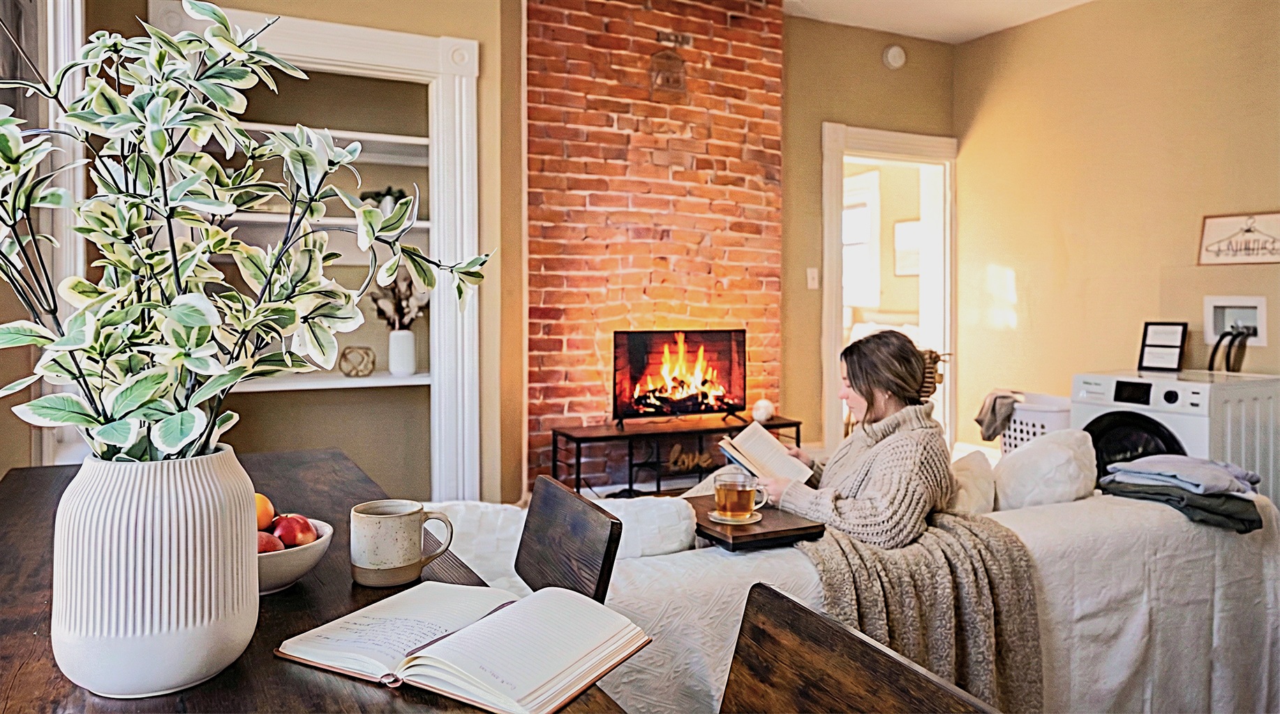 Cozy up on the couch and relax with a book or your favorite show.