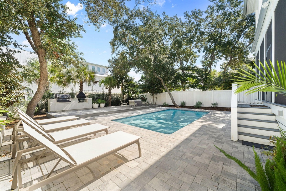 Rear yard with large pool, sun loungers, grilling area, and fire pit.