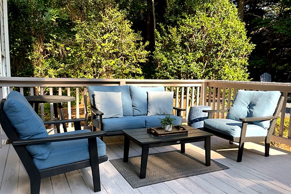 Secluded deck surrounded by towering pines — ideal for morning coffee or evening wine.