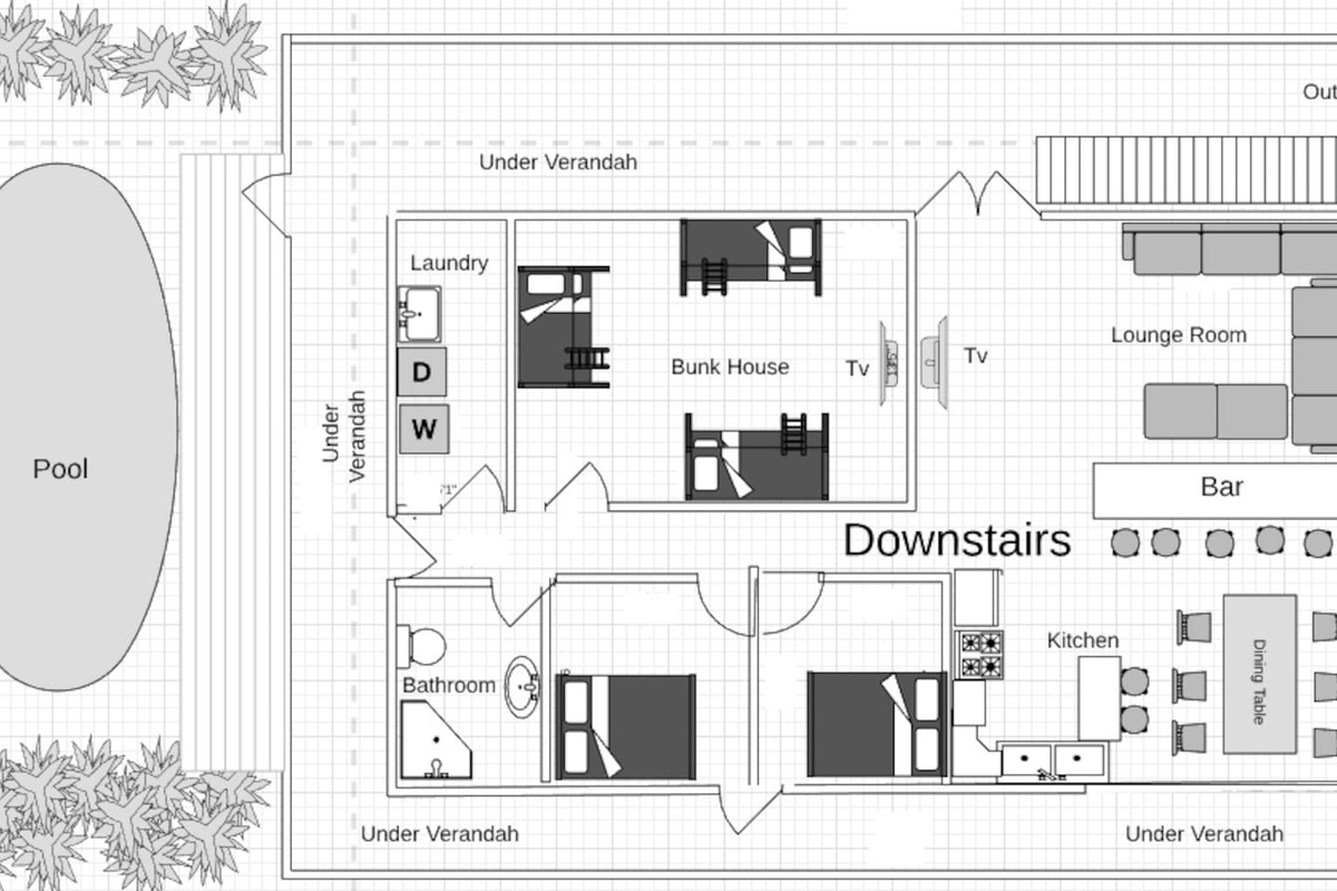 The floor plan gives a clear overview of the downstairs flow at Aaron's Beachside Boat House, from the bedrooms and bunk room through to the kitchen, bar, lounge and outdoor areas.