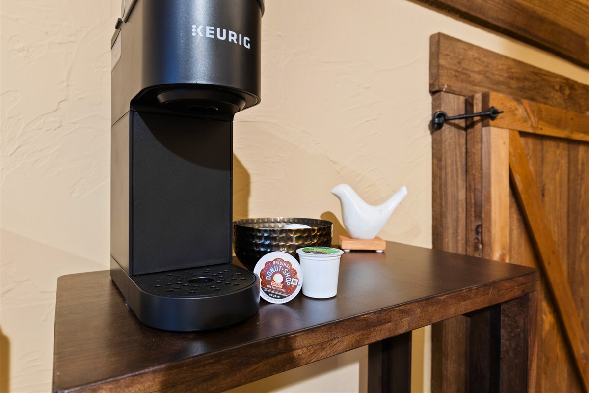 A convenient Keurig coffee station with your favorite brews ready to go&mdash;just what you need to start your day on a cozy note.