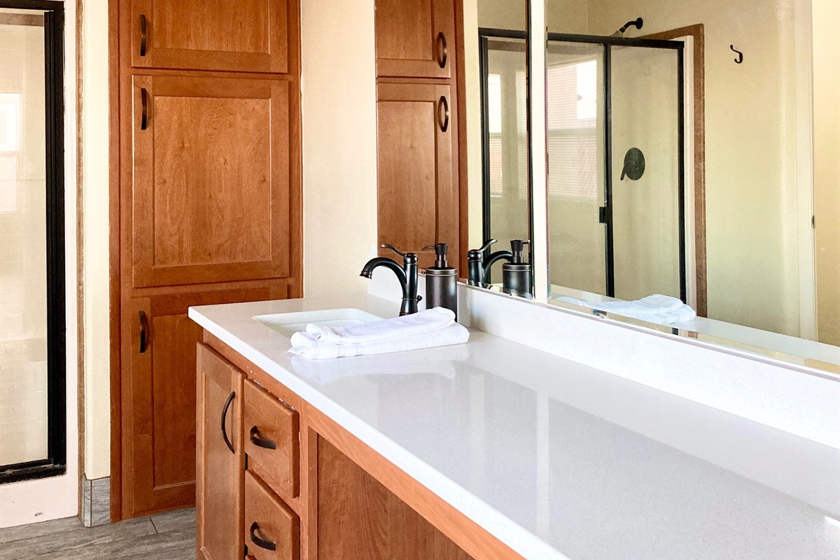Bunk room ensuite bathroom, double sink and walk in shower
