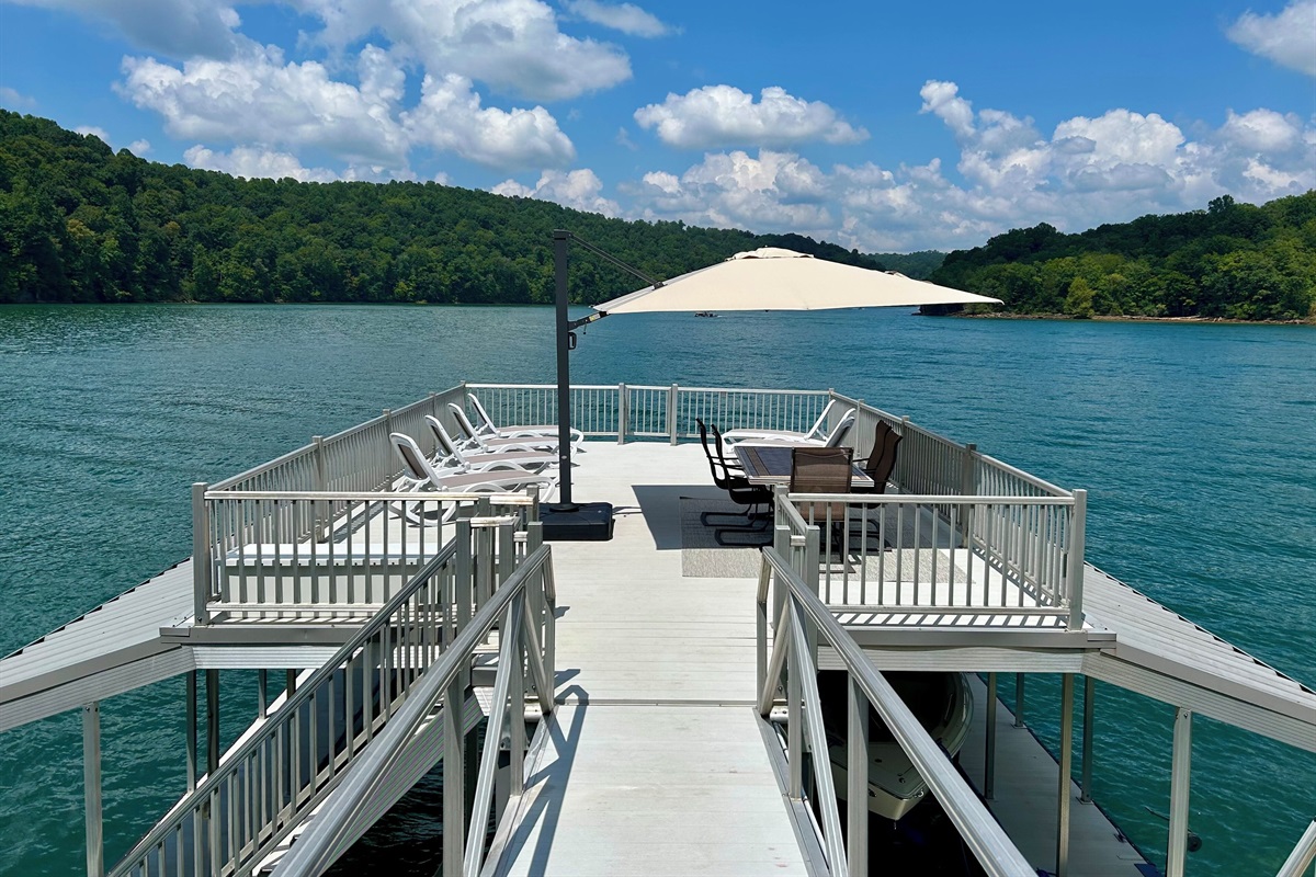 Double Tiered Dock With Sun Deck, Oversized Umbrella, Dining & Lounge Areas