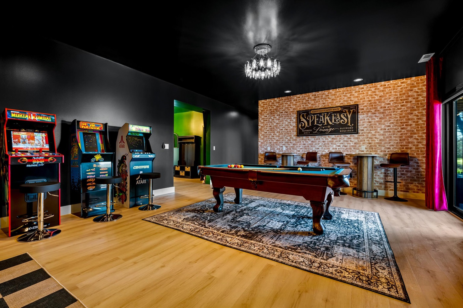 {Speakeasy Game Room}
Bounce between arcade classics, pool, and the bar — a full speakeasy-style experience built for groups to spread out and stay entertained.