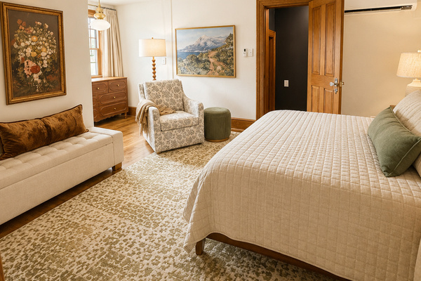 Beautiful upstairs bedroom featuring a comfortable queen-size bed, cozy sitting area, and warm natural light. The perfect place to relax with a book, unwind after a day of exploring, or enjoy a peaceful night's sleep in comfort and style.