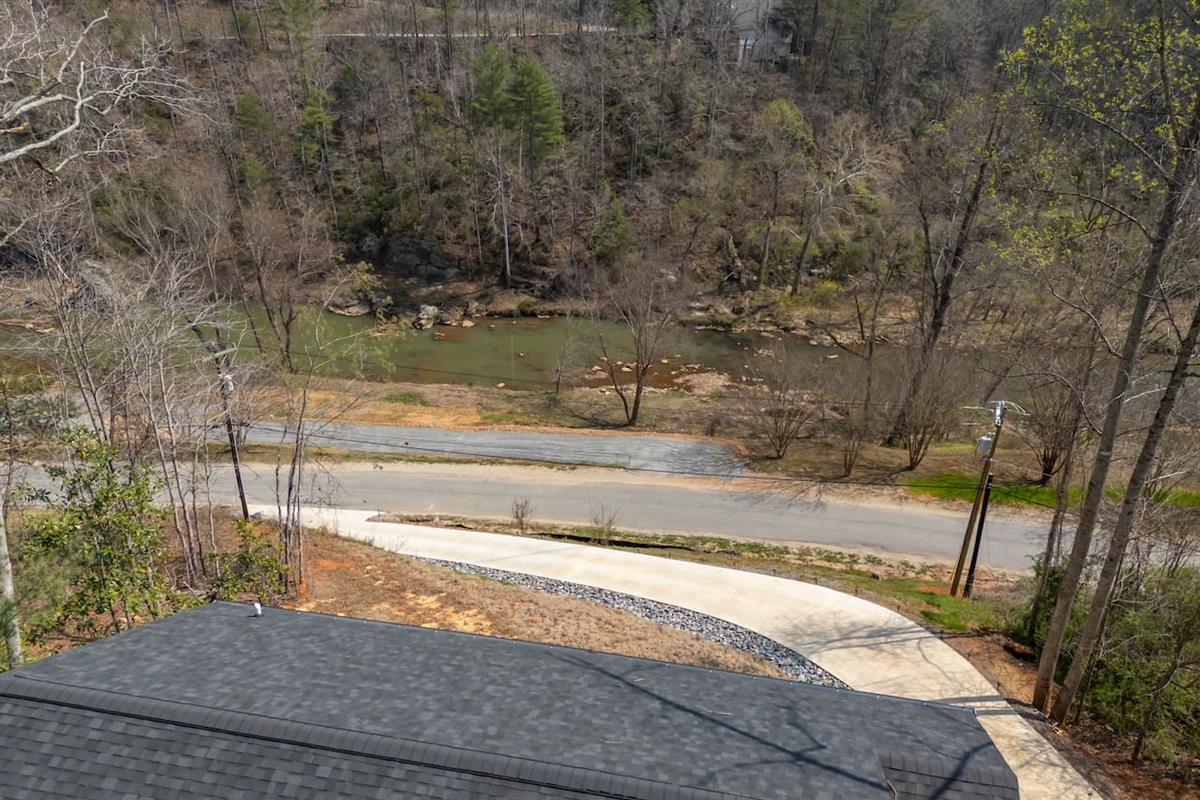 Upper drone view overlooking the cabin