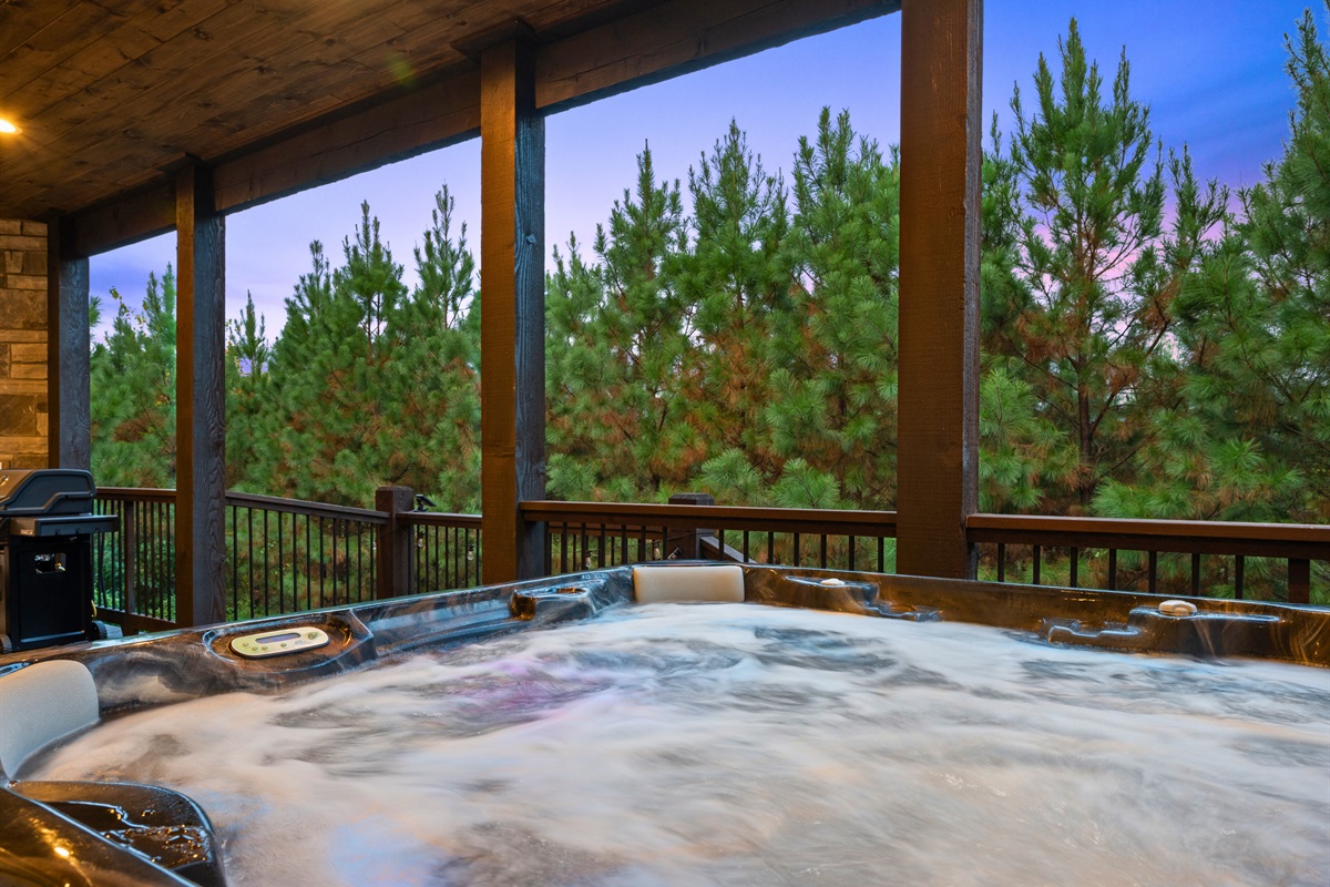 Unwind in the bubbling hot tub while soaking in endless forest views.