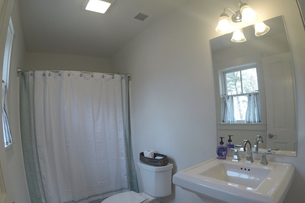Bathroom off of purple guest room.