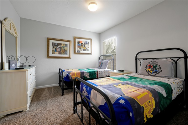 Upstairs twin Harry Potter bedroom with new beds, mattresses and en-suite bath
