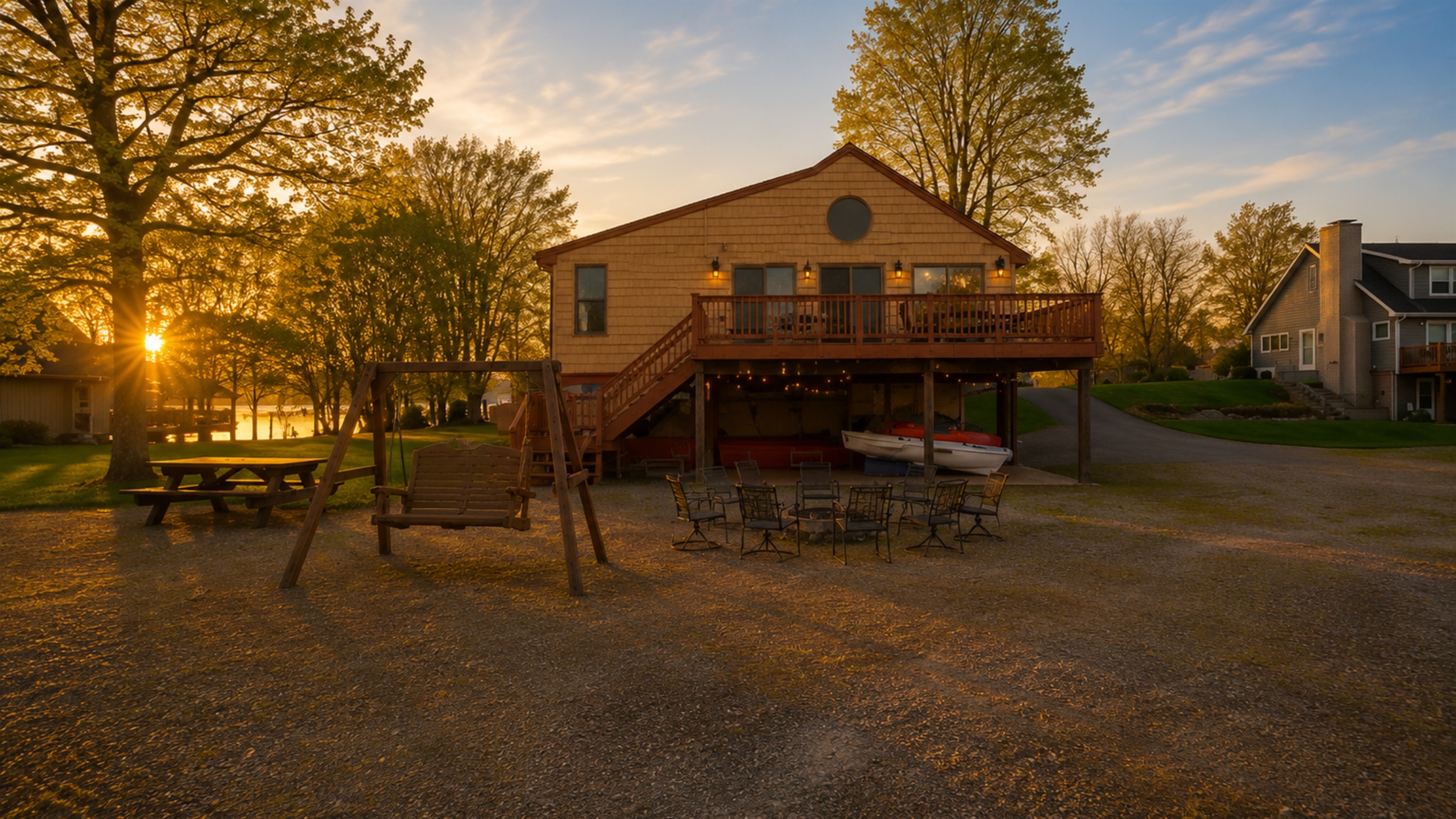Step outside to a beautiful lakeside view with a picnic area and swing set, perfect for outdoor gatherings. The ideal spot to unwind and enjoy the fresh air. 🏖️🍂🎉