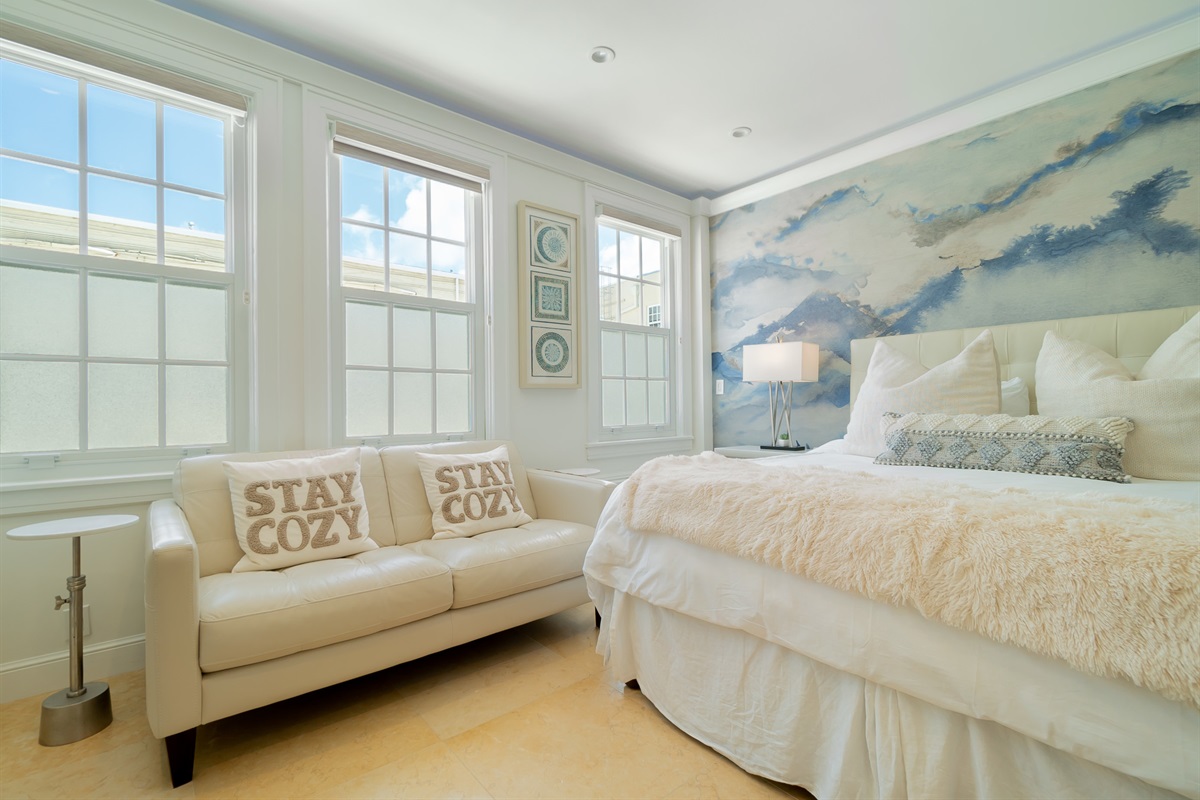 "Beyond" is the new designer wallpaper mural from Phillip Jeffries and new white Snowbound painted walls. 