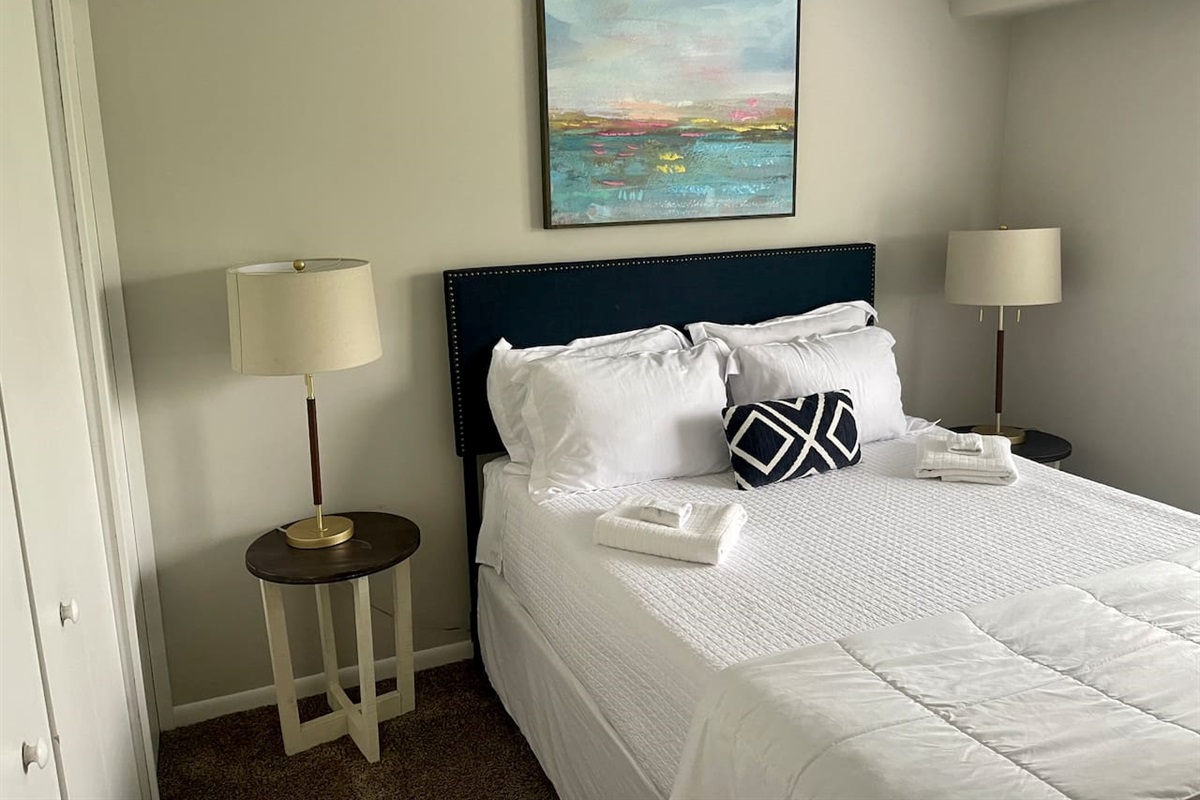 Bedroom 1, with queen size bed and memory foam mattress