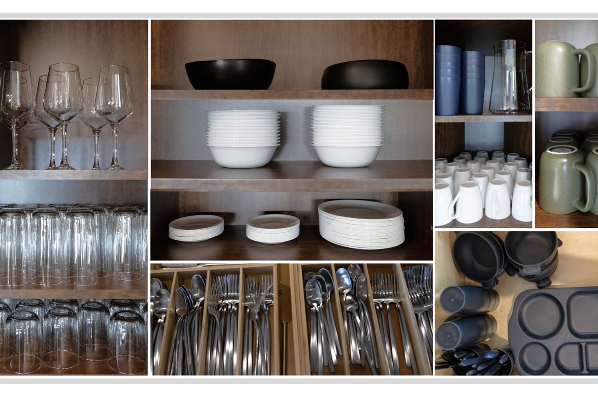 Fully stocked kitchen with dishes, glassware, cookware, and everything you need for group meals and entertaining.