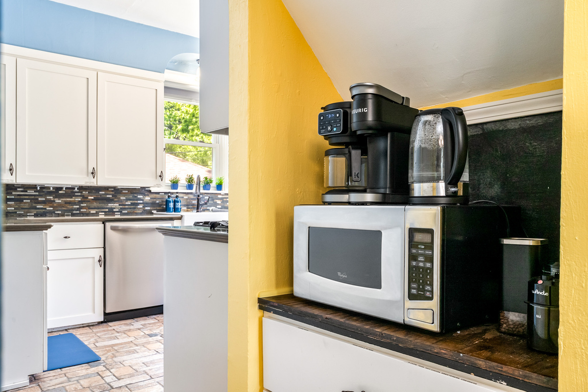 Our Coffee Bar offers you a choice for making your coffee - drip, Keurig or pour-over plus electric tea kettle for your tea. We get your stay started with a starter pack of coffee beans, K-cups, teas, sweeteners and creamer.