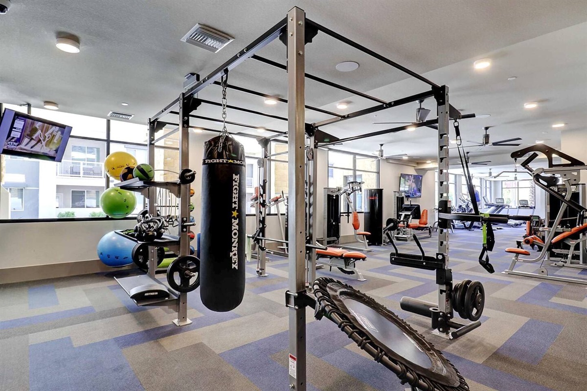 - Train in a fully equipped gym with strength cages, boxing bag, and weights   - Perfect for cardio, toning, and full-body workouts anytime of day   - Modern fitness setup designed for guests who enjoy active living spaces