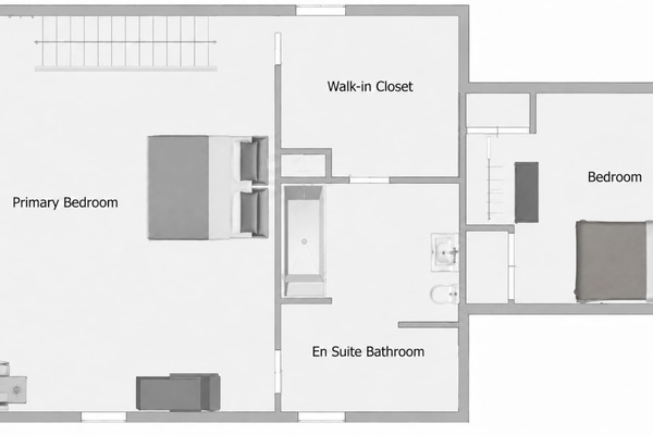 Upper-level floor plan showing the separately accessed primary and upstairs bedrooms.