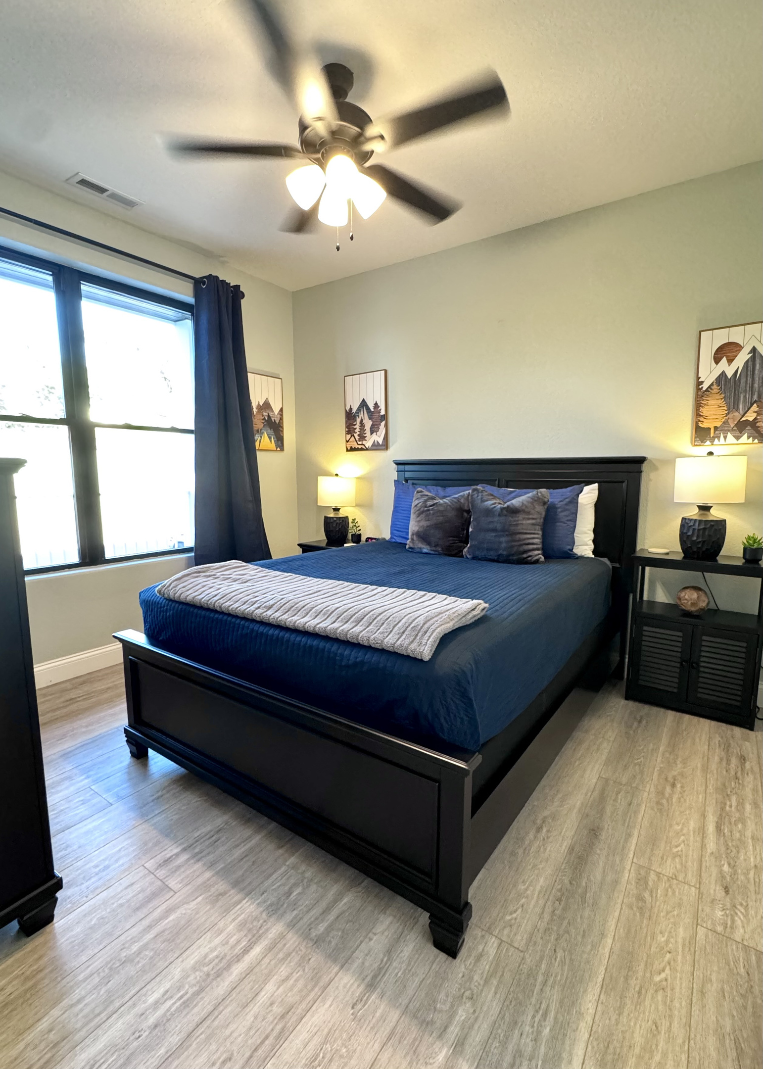 Bedroom 2 has a queen bed with Roku TV, two nightstands, lamps, dresser, closet, all bed linens, extra pillows, blanket, extra set of sheets, and an alarm clock.
